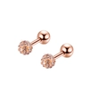 Close-up of rose gold stainless steel stud earrings with one pave set crystal ball - Rose Gold Paved Rhinestone