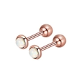 Detail of rose gold stud earrings with white opal stones and secure ball screw backs - Rose Gold White Opal