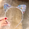Detail of cute cat ear headband with colorful star sequins inside transparent ears - 3# White Colorful Star Quicksand