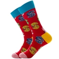 Détail de chaussettes rouges avec revers bleus et motifs tricotés de signes dollar - Taille 38-45 / Symbole du dollar rouge coloré