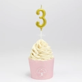 Sparkling gold number 3 birthday candle on cupcake with secure plastic stick stand - Number 3