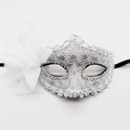 Elegant white lace masquerade mask with silver sequins and a large decorative fabric flower - Dragon Pattern Side Flower / Silver