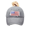 Detail of grey washed cotton ponytail baseball cap with American flag embroidery - Adjustable / Washed Gray Ponytail Distressed with US Flag