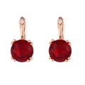 Detail of rose gold drop earrings featuring large round red zircon and sparkling accents - Red