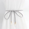Gray velvet skinny belt for dresses featuring gold metal ends and white pearl pendants - Gray