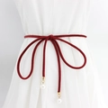 Slim dark red velvet waist belt with gold accents and elegant white pearl pendants - Red