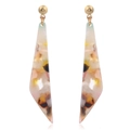 Detail of long acetate razor blade earrings with colorful mottled resin texture - AB White