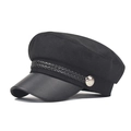 Classic black wool newsboy hat with leather brim and braided rope detail decoration - M (56-58cm) / Woolen/PU Leather / Woolen Black