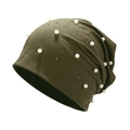 Detail of dark olive cotton beanie featuring faux pearls and dark rhinestone embellishments - M (56-58cm) / Army Green