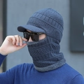 Herren Strickmütze in Blau mit Fleecefutter und integriertem Schal für Winter - Wellenmuster mit Krempe / Grau