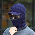 Dunkelblaue Herren-Strickmütze mit integriertem Nackenwärmer und Fleece-Futter - Wellenmuster mit Krempe / Marineblau