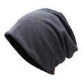 Gorro de punto gris para hombre y mujer con forro negro y etiqueta de cuero pequeña - M (56-58cm) / Azul marino