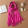 Elegant rose red cashmere wool scarf with intricate floral embroidery and tassel details - 200cm / Embroidered Rose