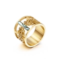 Anillo ancho de acero dorado con diseño de hojas caladas e incrustación de concha abulón - US 6 / Dorado