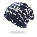 Navy blue knitted beanie with white graffiti alphabet print for casual street style - Navy Blue