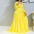 Detail of V-neck pleated long dress in bright yellow with matching waist belt - XL / Yellow