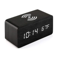 Black rectangular wood digital alarm clock with white LED display and wireless charging - Black Wood White Light