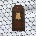 Brown plaid Christmas gift tag with gold bell icon and Merry Christmas text on metal mesh - Plaid Style E
