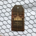 Brown plaid Merry Christmas gift tag with golden gift box and snowflake patterns - Plaid Style D