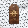 Brown wooden Christmas gift tag with gold snowflake and Merry Christmas text - Plaid Style H