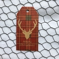 Mini kraft paper Christmas gift tag featuring a gold reindeer on red plaid pattern - Plaid Style C