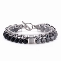 Detail of double-layer bracelet with tiger eye beads, metal chain and T-bar toggle clasp - Matte Stone & Map Stone