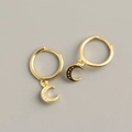 Luxurious S925 sterling silver gold crescent moon hoop earrings with cubic zirconia - 925 Silver / Yellow Gold Color (Pair)