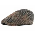 Classic plaid wool blend beret flat cap with vintage grey and brown pattern for winter - Adjustable / Khaki