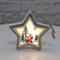 Close-up of star-shaped wooden Christmas ornament with LED warm lighting and Santa design - Five-pointed Star