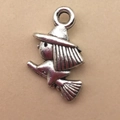 Antique silver witch on broomstick alloy charm for Halloween jewelry making and DIY crafts - Witch Silhouette 10x16mm