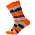 Detailed close-up of striped crew socks with colorful orange and purple knitted patterns - Orange Purple Wine Red Stripe
