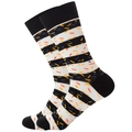 Macro detail of striped mid-calf socks with colorful speckle patterns and ribbed cuffs - Black White Spotted Stripe