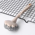 Steel wool dish brush with long beige ergonomic handle and stainless steel scrubber - Khaki
