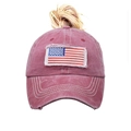 Distressed cotton ponytail baseball cap with US flag embroidery in washed burgundy red - Adjustable / Washed Wine Red Ponytail Distressed with US Flag