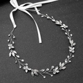 Silver leaf and flower bridal headband with rhinestones and white ribbon ties - Silver