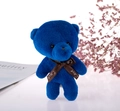 Mini blue plush teddy bear charm with a brown Love printed ribbon on a white background - Sapphire Blue