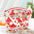 Detail of transparent PVC makeup bag with cute watermelon print and white zipper - Red