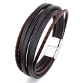 Men's multi-layer braided leather bracelet in dark brown with silver magnetic clasp - Brown Leather Silver Clasp