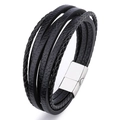 Handmade multilayer black leather woven bracelet with silver magnetic metal clasp for men - Black Leather Silver Clasp