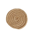 Close-up of a round jute woven coaster showing natural fiber textures and spiral pattern - Jute