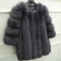 Detailed texture of grey faux fur coat showing long plush fibers on a hanger - S / Dark Gray