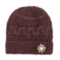 Weinrote Mohair Strickmütze für Damen mit Fleece-Futter und Perlen-Blumenbrosche - Einheitsgröße / Kaffeebraun