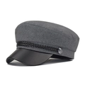 Classic grey wool newsboy cap with black leather brim and decorative braided cord - M (56-58cm) / Woolen/PU Leather / Woolen Grey