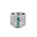 Wide hollow stainless steel ring with colorful abalone shell inlay in geometric design - US 7 / Silver (KR81780-KGC)