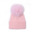 Pink knit baby beanie with large faux fur pompom and soft ribbed texture for kids - Kids / Pink