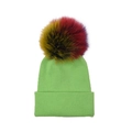 Neon green ribbed knit baby beanie featuring a large colorful faux fur pom-pom - Green