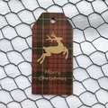 Mini kraft paper Christmas gift tag with red-green plaid pattern and golden reindeer - Plaid Style F