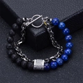Detail of dual-strand bracelet with black lava stone, blue lapis beads, and silver toggle clasp - Matte Stone + Blue Tiger Eye (Silver Chain)