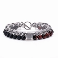Detail of double-layer bracelet with black and tiger eye beads plus silver chain link - Matte Stone + Red Tiger Eye