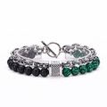 Detail of layered bracelet with natural green malachite, matte black beads and silver chain - Matte Stone & Malachite